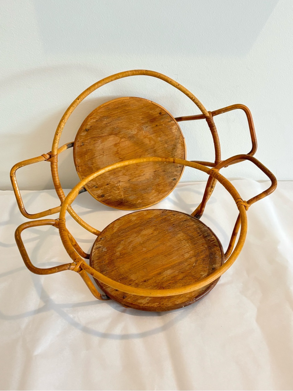 Vintage SET OF 2 rattan bamboo casserole holder butler cradle w/Handles brown